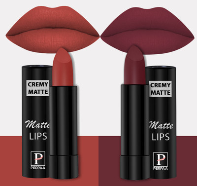 Perpaa Creamy Matte Lipsticks Set of 2 Long Lasting One Swipe Application Smudgeproof(Red Bloom, Cherry Maroon, 7 g)
