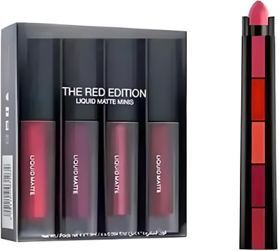 UEBES SuperStay WaterProof Liquid Matte Red Lipstick Set of 4 with 5 in 1 lipictic(RED BLACK, 50 g)