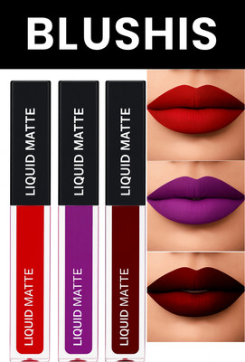 BLUSHIS Smudge proof Waterproof Long lasting Liquid matte Lipstick Non Transfer Common Colour For Daily Use Combo pack of 3(multicolour, 11 ml)