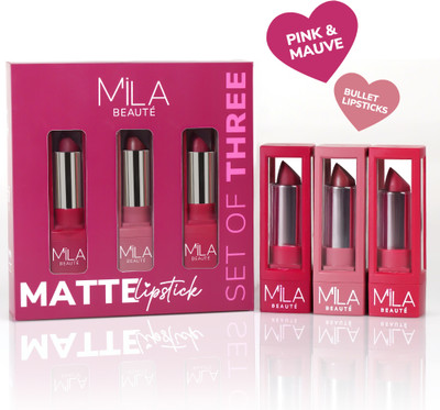MILA BEAUTÉ Matte Long Lasting Lipstick Combo Pack of 3 Mauves & Pinks(Electric Orchid & Miss Mauve & Laroosh, 12.6 g)