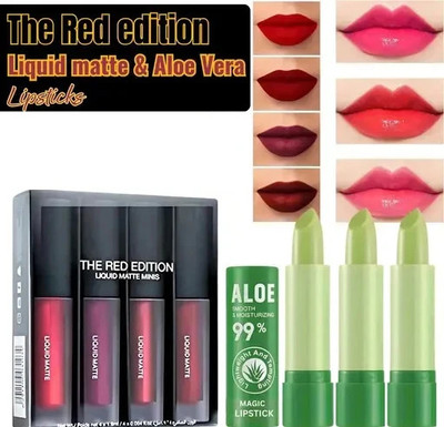 BLUSHIS Best Matte liquid Liptick Combo with 3 pc Alovera lipstick set(4 pc Red Edition Lipstick, 3 pc Alovera lipstick, 18 ml)