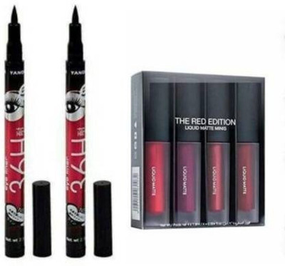 wryak 36 Waterproof Liquid Eyeliner & Mini Matte Liquid Lipstick Red Edition(Multicolor, 5 ml)