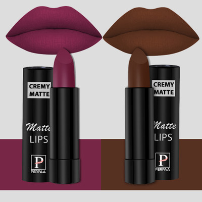 Perpaa Creamy Matte Lipsticks Set of 2 Long Lasting One Swipe Application Smudgeproof(Cherry Red, Cocoa Brown, 7 g)