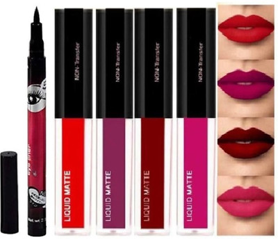 huemic Red Matte Lipsticks Waterproof Pack of 4 PC+ Eyeliner 1 PC(eyeliner, 18.2 ml)