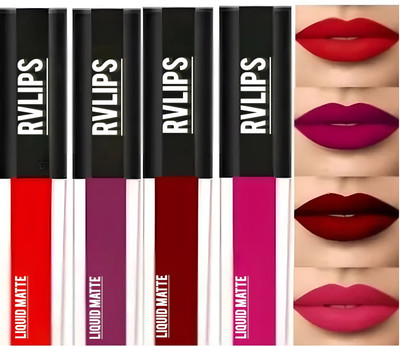 RVLIPS Non Transfer Waterproof Longlasting Liquid Matte Mini Lipstick Combo Pack Of 4(Red, Plum, Candy Flush, coral crush, 16 ml)