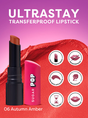 SUGAR POP Ultrastay Transferproof Lipstick 06 Autumn Amber - Waterproof | Smudgeproof(Warm color with a balance of red and brown undertones, 4 g)