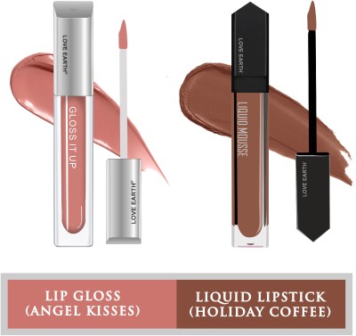 LOVE EARTH Liquid Lipstick Holiday Coffee & Lip Gloss Angel Kisses(Holiday Coffee/ Peach, 9 ml)