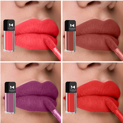 MORAZE Long lasting Liquid matte Lipstick Non Transfer Daily Use Combo pack of 4(Multicolor, 4.8 ml)