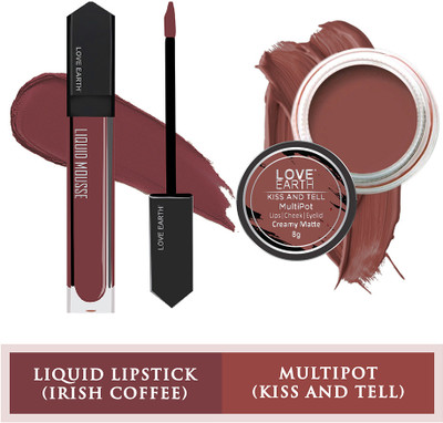 LOVE EARTH Lip And Cheek Tint And Tell & Liquid Lipstick Irish Coffee(Irish Coffee/Mauvish Pink, 14 g)