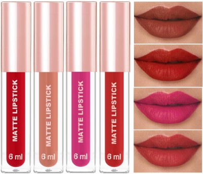 WOONGMI Non Transfer Waterproof Longlast Matte Liquid Lipstick Combo(Red, Pink, Brown, Shiny Peach, 24 ml)