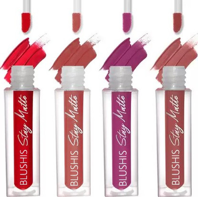 BLUSHIS Stay Matte NonTransfer WaterProof Smudge Proof Matte Liquid Lipsticks Combo of 4(Multicolour, 16 ml)