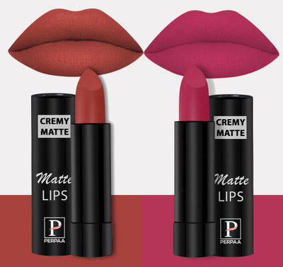 Perpaa Creamy Matte Lipsticks Set of 2 Long Lasting One Swipe Application Smudgeproof(Red Bloom, Strawberry Pink, 7 g)