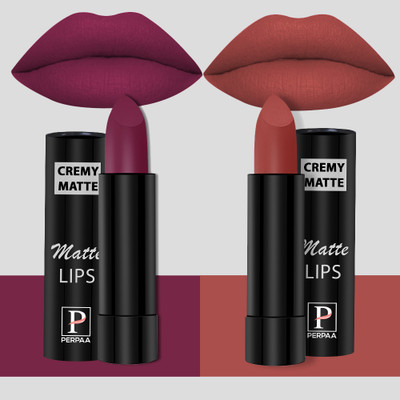 Perpaa Creamy Matte Lipsticks Set of 2 Long Lasting One Swipe Application Smudgeproof(Cherry Red, Rust Orange, 7 g)