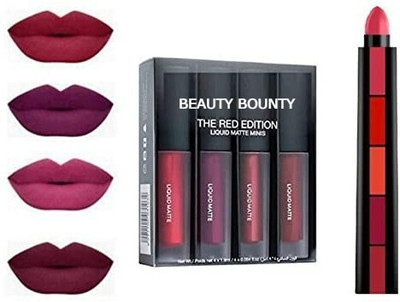 beauty bounty Red Mini Matte 4 Liquid & 5 in 1 Matte Fab Lipstick Combo (5ML)(RED, 5 ml)