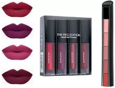 K3NTERPRISES Liquid Mini Matte Lipsticks(4,Red Edition)+ 5in1 Creamy Matte Red Lipstick(Multicolor, 42 ml)