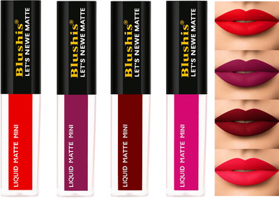 BLUSHIS Non Transfer Insta Beauty Waterproof Longlast SensationaL Liquid Matte Mini Lipstick Combo Pack Of 4 Red ,Purple Maroon and Magenta Colour Shade(Multicolor, 16 ml)
