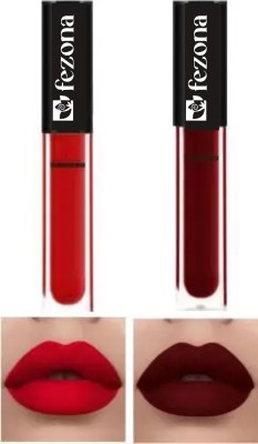 FEZONA Non Transfer Professionally Longlasting Liquid Lipstick Combo Set Of 2 pc(Red, Maroon, 8 ml)