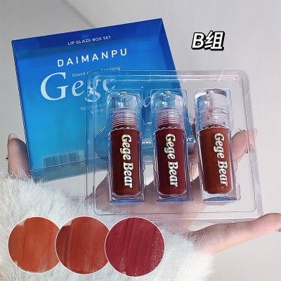 DAIMANPU GEGE Bear 3pcs Set Watery Mirror Lip Glaze – Moisturizing Tinted Lip Gloss(Set B, 7.5 g)