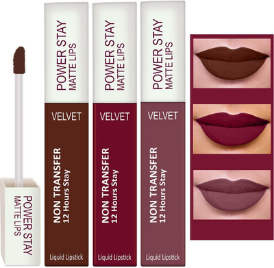 Perpaa Power Stay Liquid Matte Lipstick - Waterproof combo of 3 (Upto12 Hrs Stay)(Cherry Red, Bon Bon Brown ,Timeless Mauve, 5 ml)