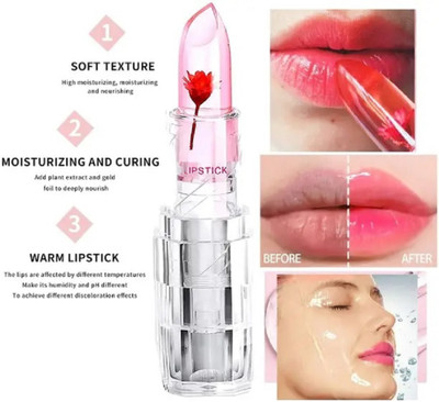 EVERERIN Crystal Flower Jelly Lipstick Lips Moisturizer Magic Temperature Color(red, 3.6 g)