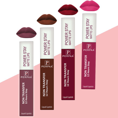 Perpaa Powerstay Liquid Matte Lipstick,Transferproof & Enriched with Vitamin E Combo(Maroon Wine,Rose Pink,Roast Brown,Mauve, 20 ml)