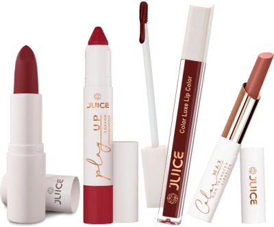 Juice Matte Liquid Lipstick and Lip Crayon Long Lasting Combo Set For Women(Marooned -M05, Red-y Set Go -MCR08, Lucky Red -M10, Muted Whisper -M20, 11.8 g)