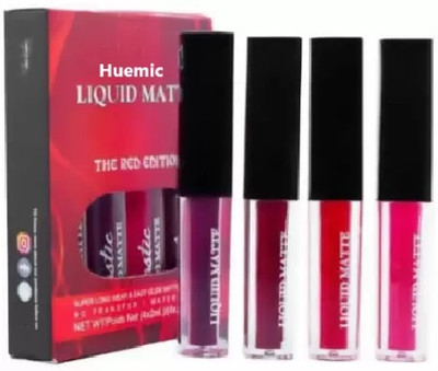 huemic Set of 4 Liquid Matte Mini Lipsticks, Red Edition - Long Lasting & Waterproof(RED Multicolor, 20 ml)