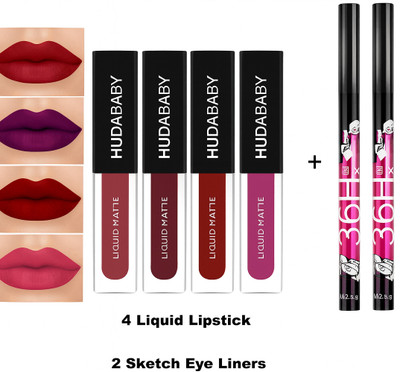 HUDA BABY Beauty Non Transfer Liquid Matte Lipstick Set of 4 And 2Pc 36h Eyeliner(The Swiss Red Edtion, 11 ml)