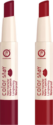 COLORS QUEEN Color Stay Long Lasting Non Transfer Creamy Matte Lipstick Combo Pack of 2(Bridal Maroon, Hot Red, 4.2 g)