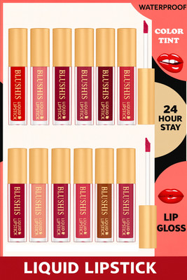 BLUSHIS Non Transfer Waterproof Longlasting Liquid Lipstick Combo Pack of 12 pc(Multicolour, 48 ml)