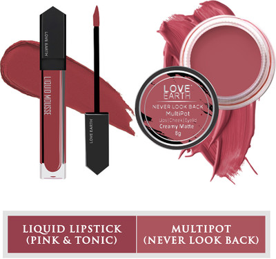 LOVE EARTH Lip And Cheek Tint Never Look Back & Liquid Lipstick Pink & Tonic(Pink & Tonic/Ruby Pink, 14 g)