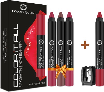 COLORS QUEEN Color It All Lip Crayon Lipstick Combo Pack 3 & Get 1 Crayon, 1 Sharpener Free(Make It Happen, Chocobar, Rich High & Smoke Red, 14 g)