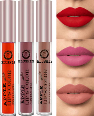 BLUSHIS Waterproof Smudge Proof Waterproof Matte Liquid Lipstick Combo 3 pc(The Multicolur, 18 ml)