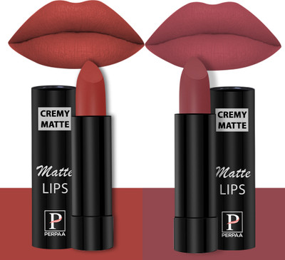 Perpaa Creamy Matte Lipstick Set of 2 Long Lasting One Swipe Application Smudge proof(Red Bloom, Brick Red, 7 g)