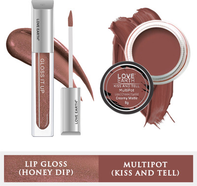 LOVE EARTH Lip And Cheek Tint Kiss and Tell & Lip Gloss Honey Dip(Mauvish Pink/Brown Glitter, 11 g)