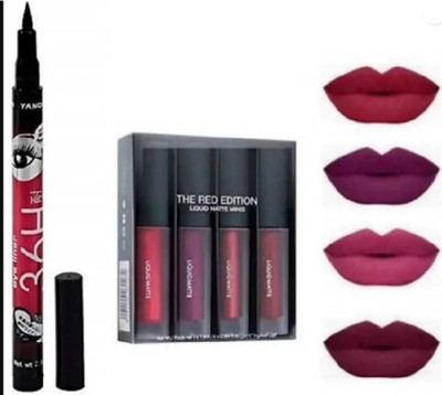 K3NTERPRISES 36 H Waterproof Liquid Eyeliner & 4 set Mini Matte Liquid Lipstick Red Edition(MULTICOLOR, 30 ml)
