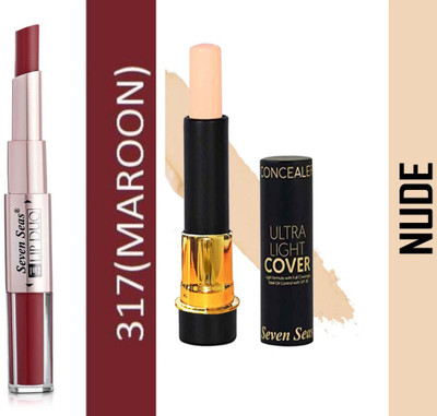 Seven Seas 2 in 1 Lipstick Moisturizing Lip Color (Maroon) & Full Coverage Concealer(Beige, 8 ml)