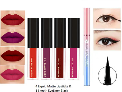 NYN HUDA SuperStay Water Proof Liquid Matte Beauty Lipstick 4 Pcs + Sketch EyeLiner Black(The Red Edition, 18.5 g)