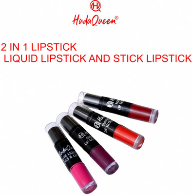 HUDAQUEEN 2 in 1 Lipstick Set of 4 Lightweight Matte Stick and Liquid for Comfortable Wear(RED, MAROON, PURPLE, PINK, 32 ml)