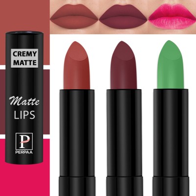 Perpaa Cremy Matte Finish Enriched with Vitamin E Lipstick for women,Combo 5(Orange,Dark Maroon,Natural Pink, 3.5 g)
