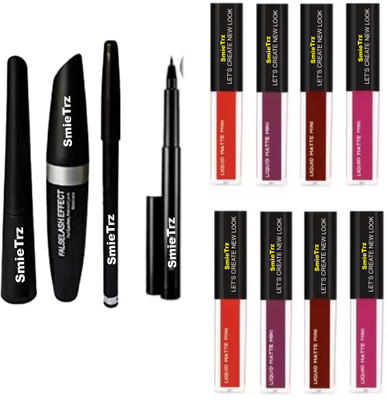 SMIETRZ Eyeliner,Mascara & Eyebrow Pencil Set, Kajal & 8 Red Edition Matte Lipsticks(12 Items in the set)