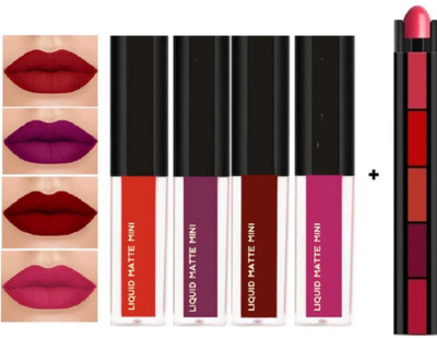 Rastic Beauty 4 Piece WaterProof Liquid Matte Combo Set Pack + 5 in 1 Lipstick(The Swiss Red Edition, 15.5 ml)