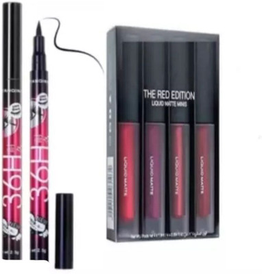 DIVYA UNIQUES Red Edition Matte Liquid Lipsticks (4 pcs)+36h Black Eyeliner (Pack of 2pcs(Multicolor, 6 g)