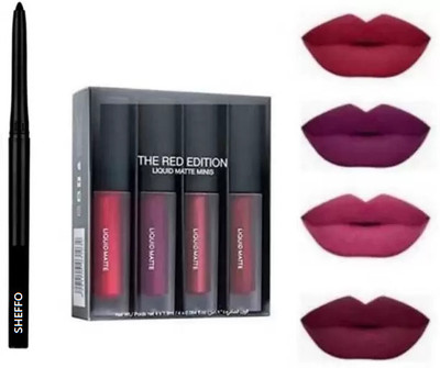 SHEFFO Waterproof Smudgeproof Kajal Pencil & 4 Pcs Mini Liquid Matte Lipstick(RED EDITION, 4.1 ml)