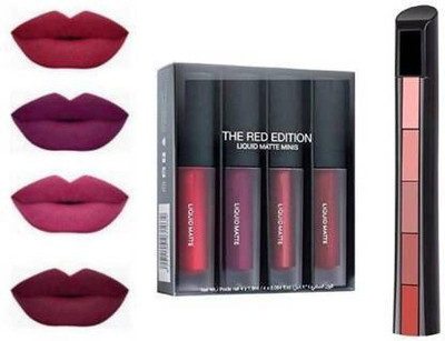 Glowsync Red Enrich Matte mini Liquid red edition Set of 4 + 5in1 Lipstick(Multicolour, 23.5 g)