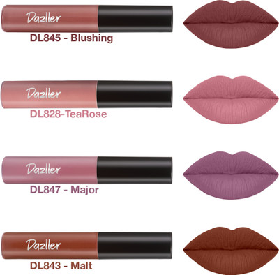 Dazller Lip Colour, Lightweight,Ultra-Intense Matte,SmudgeProof,TransferProof,8-Hrs Stay(Pack of 4 - Set 7, 14.4 g)