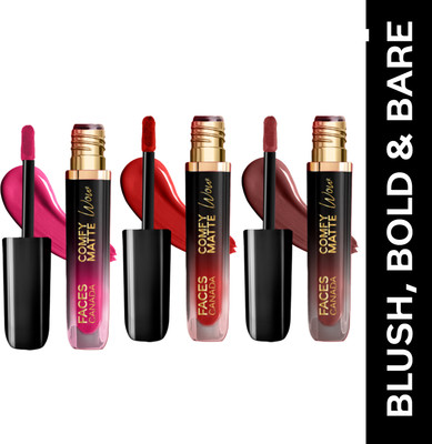 FACES CANADA BLUSH, BOLD & BARE Liquid Matte Lipstick Combo Set of 3 | Comfy Matte Wow(Fuschia Fun + Ruby Rouge + Cocoa Crush, 11.4 ml)