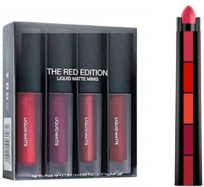 Glamdemy Insta Beauty 5 in 1 Creamy Lipsticks + Liquid Matte Mini Lipsticks 4 Piece(Red, 17.5 g)