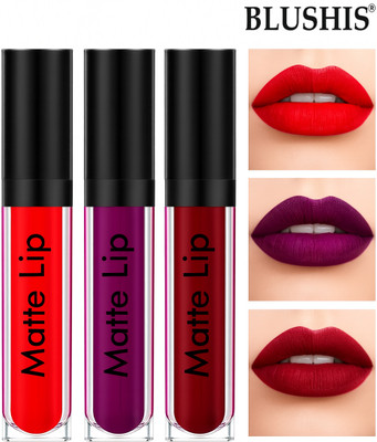 BLUSHIS Matte Liquid� Non Transfer Combo pack of 3(Red, Maroon, Purple, 24 ml)