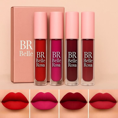 BR Belle Rosa Red Edition Matte Lipstick Combo – 4-in-1 Mini, Waterproof Finish(Classic Red, Fuchsia, Dark Wine, Dark Red with Cherry tone, 6 ml)